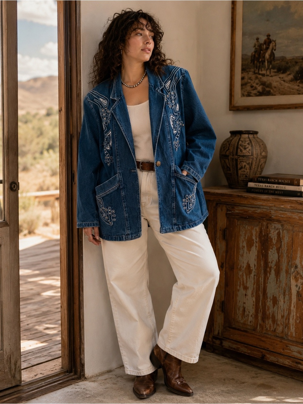 Vintage Embroidered Western Denim Jacket | Oversized Large | Cotton